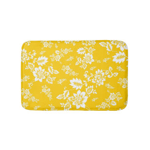 White Floral on Yellow Spring Background Bath Mat