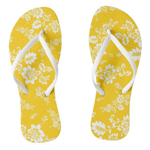 White Floral on Yellow Spring Background Flip Flop