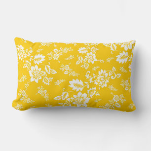 White Floral on Yellow Spring Background Lumbar Pillow