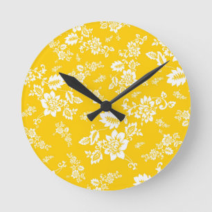White Floral on Yellow Spring Background Round Clock