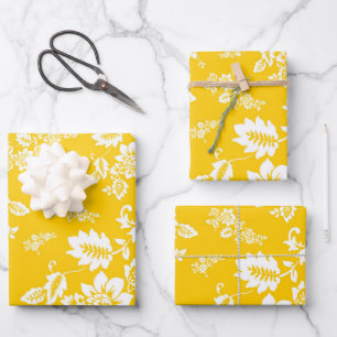 White Floral on Yellow Spring Background Wrapping Paper Sheet
