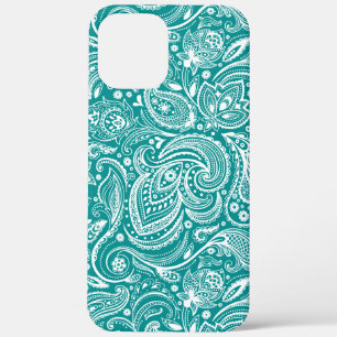 White floral paisley pattern on turquoise iPhone 12 pro max case