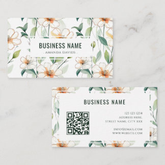 White Floral Pattern Green Greenery QR Code Business Card