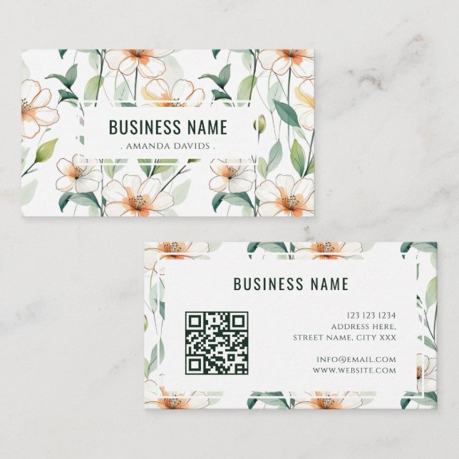 White Floral Pattern Green Greenery QR Code Business Card (Front/Back)