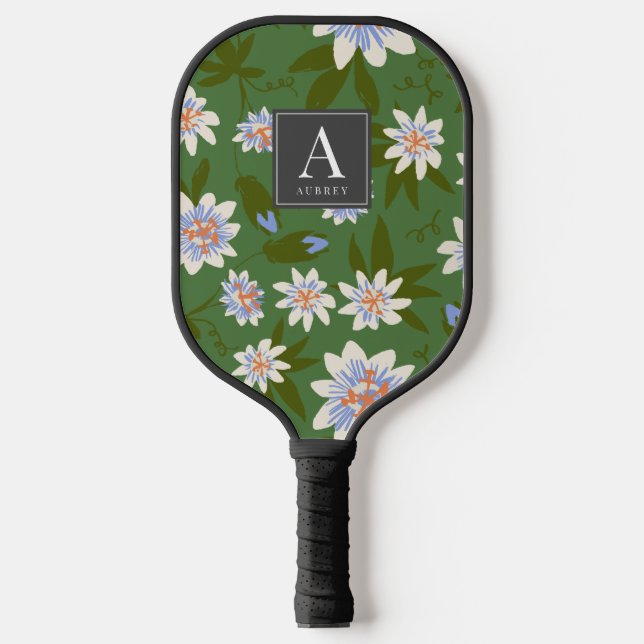 White Floral Pattern Green Pickleball Paddle (Front)