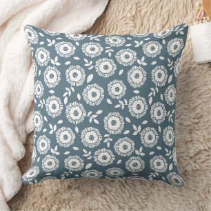 White floral pattern soft blue background throw pillow