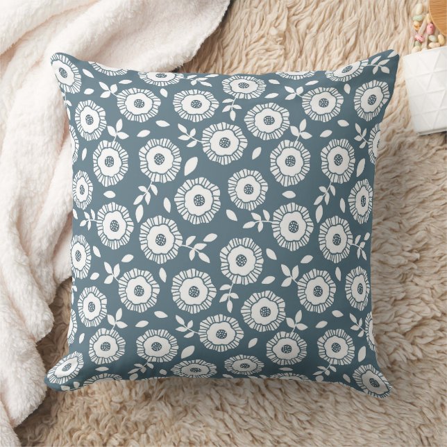 White floral pattern soft blue background throw pillow (Blanket)