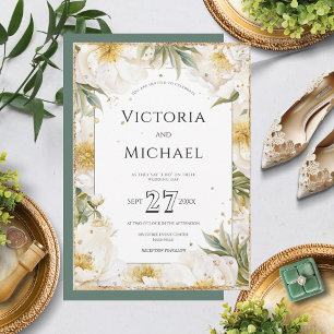 White Floral Peonies Gold Elegant Wedding Invitation