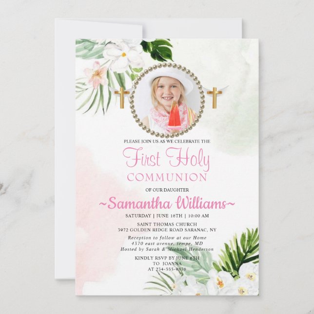 White Floral Photo First Communion Invitation (Front)