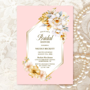 White Floral Pink Geometric Bridal Shower Invitation