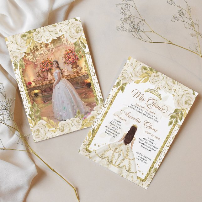 White Floral Princess Gold Arch Photo Quinceanera Invitation (Creator Uploaded)