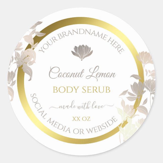 White Floral Product Packaging Labels Gold Frame (Front)
