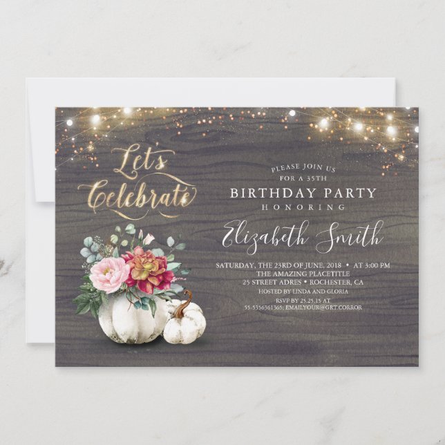 White Floral Pumpkin Rustic Fall Birthday Party Invitation (Front)