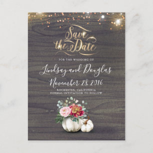 White Floral Pumpkin Rustic Fall Save the Date Ann Announcement Postcard
