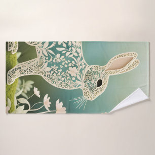 White Floral Rabbit Spring Art  Bath Towel Set