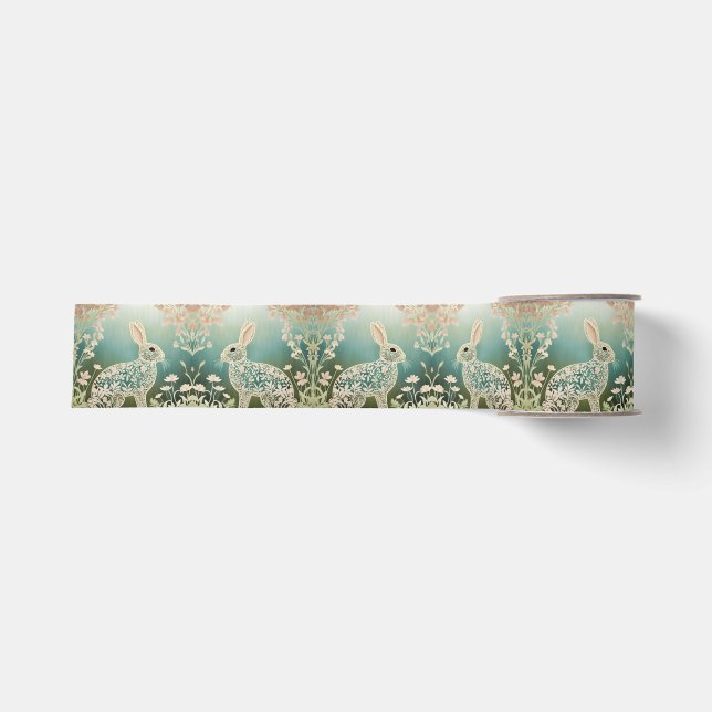 White Floral Rabbit Spring Art  Grosgrain Ribbon (Front)