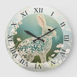 White Floral Rabbit Spring Art  Large Clock