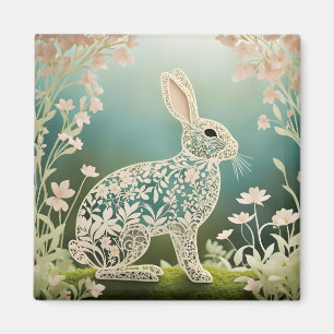 White Floral Rabbit Spring Art  Magnet