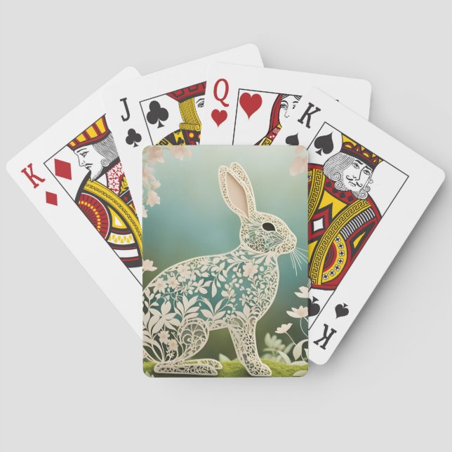 White Floral Rabbit Spring Art  Playing Cards (Back)
