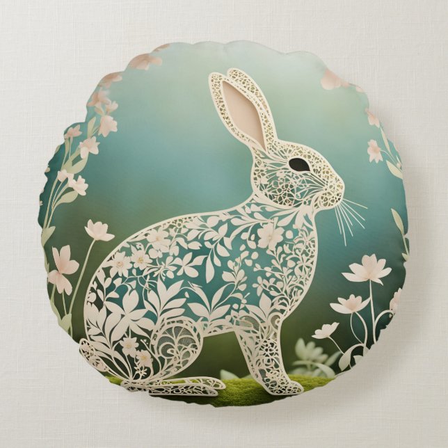 White Floral Rabbit Spring Art  Round Pillow (Front)