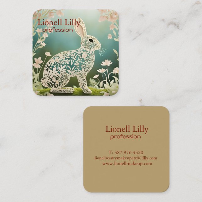 White Floral Rabbit Spring Art  Square Business Card (Front/Back)