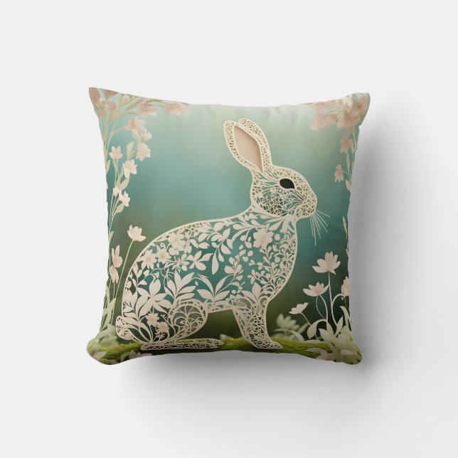 White Floral Rabbit Spring Art  Throw Pillow (Front)