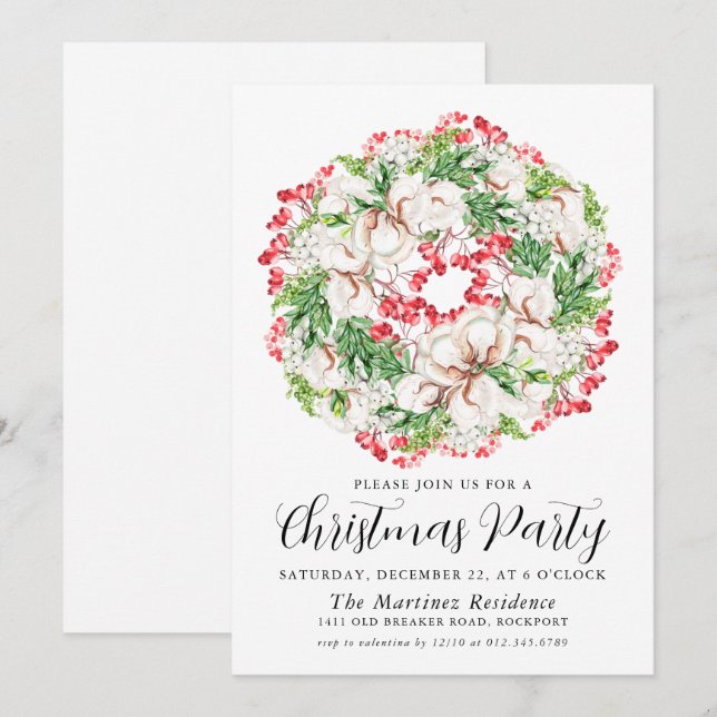 White Floral  Red Berry Wreath Christmas Party Invitation (Front/Back)