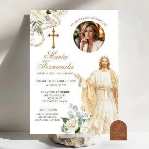 White Floral Rosary Catholic Jesus Funeral Invitat Invitation