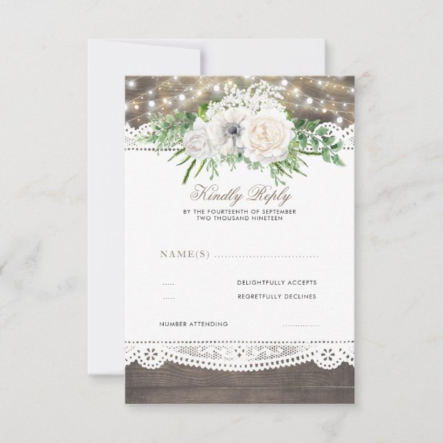 White Floral Rustic Chic Wedding RSVP (Front)