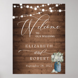 White Floral Rustic Elegant Lights Wooden Wedding Poster