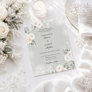 White floral sage snow winter wedding invitation