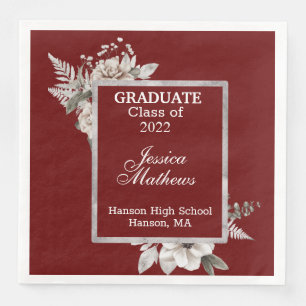 White Floral Silver Frame on Cranberry Graduation Napkin