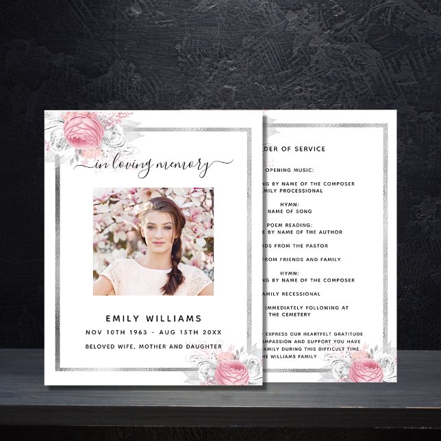 White floral silver pink photo funeral program (Creator Uploaded)