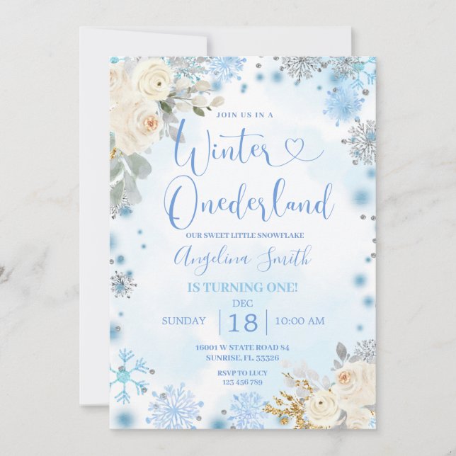 White Floral Snowflake Winter Onederland Birthday Invitation (Front)