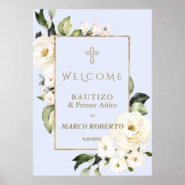 White Floral Spanish Boy Welcome Baptism Sign (Front)