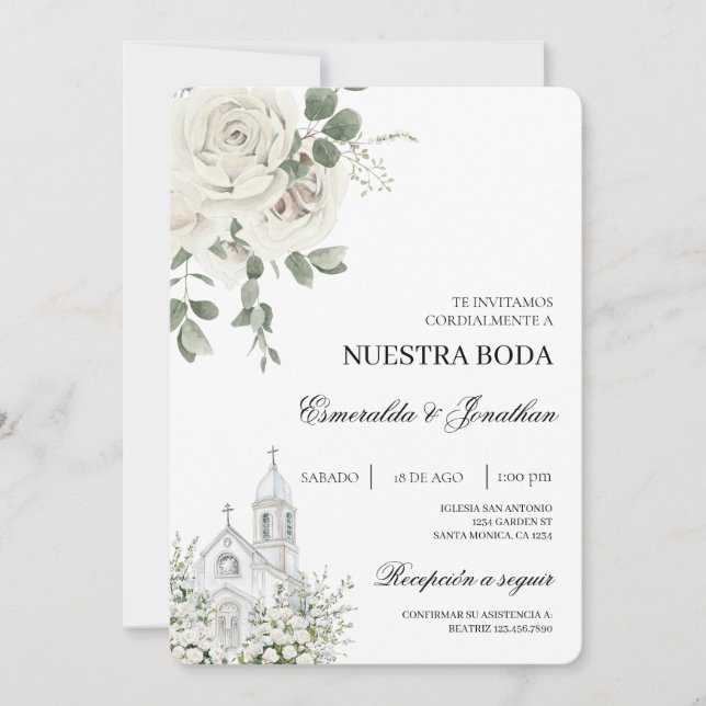 White Floral Spanish church Wedding Invitation (Devant)