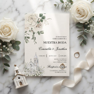 White Floral Spanish church Wedding Invitation
