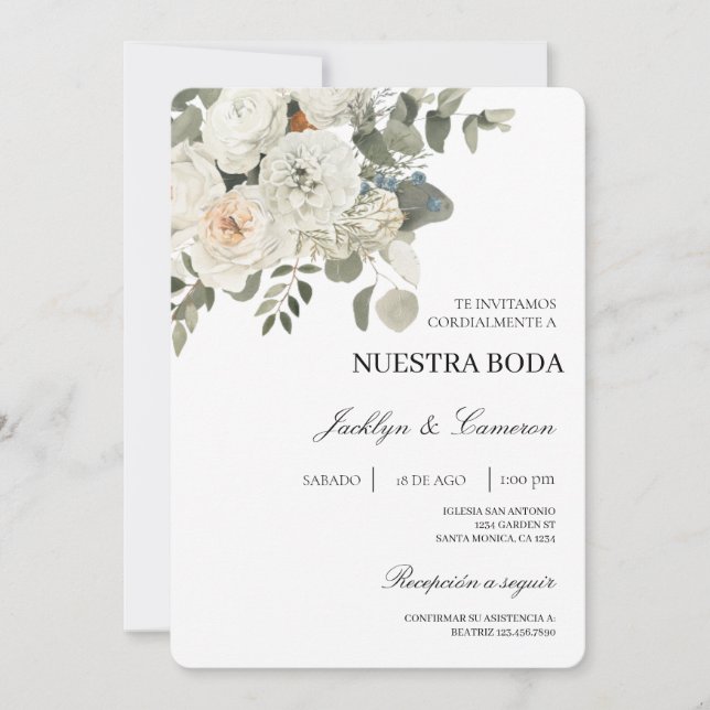 White Floral Spanish Wedding Invitation (Front)