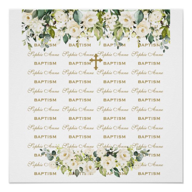 White Floral Step & Repeat Gold Baptism Backdrop Poster (Front)
