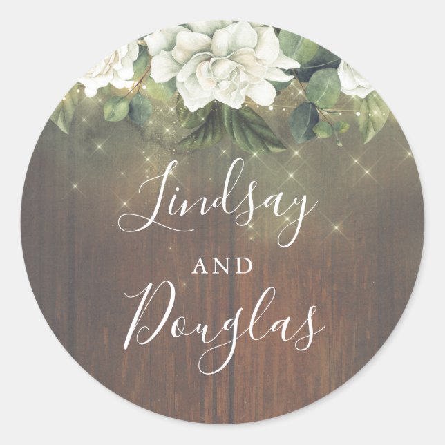 White Floral String Lights Rustic Romantic Classic Round Sticker (Front)