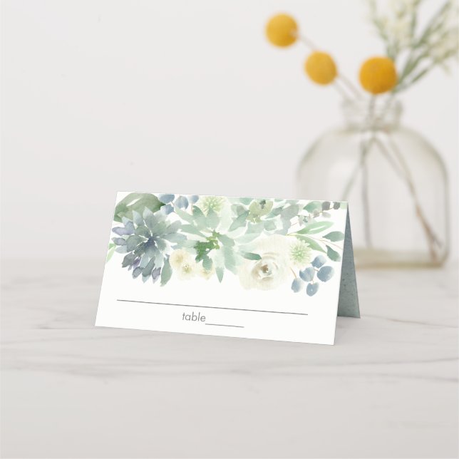 White Floral Succulent Baby Shower Place Card (Front)