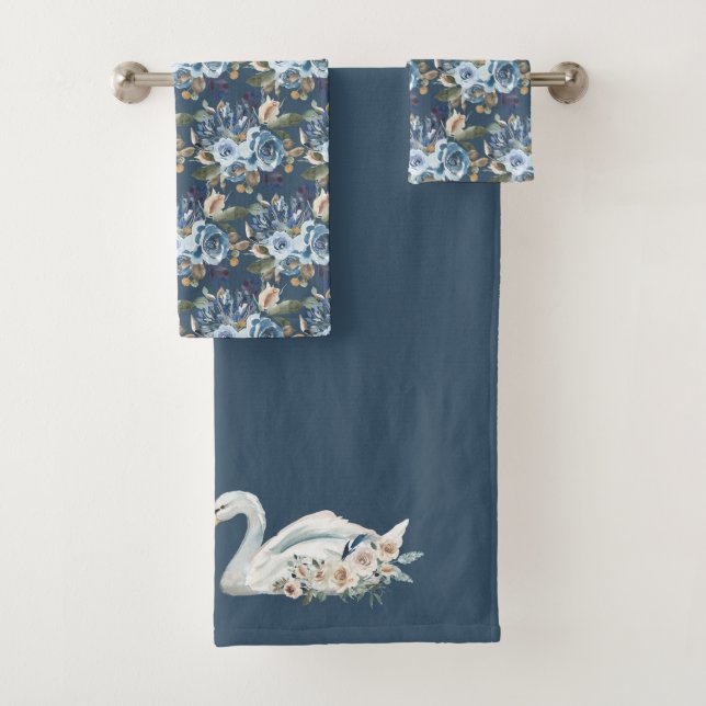 White Floral Swan on Blue Bath Towel Set (Insitu)