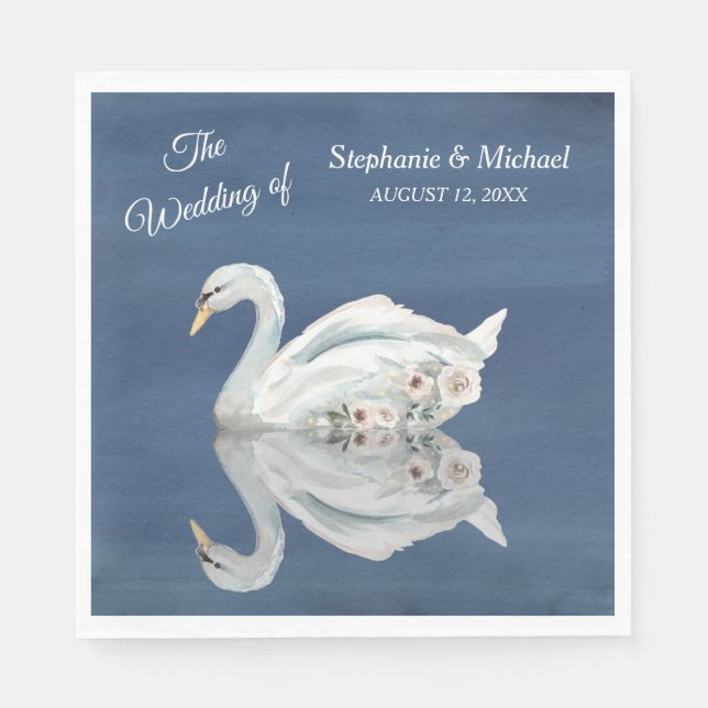 White Floral Swan on Blue Wedding Napkin (Front)