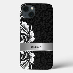 White Floral Swirl Lace Black Damasks Background iPhone 13 Case