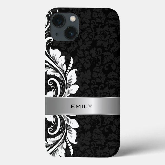 White Floral Swirl Lace Black Damasks Background Case-Mate iPhone Case (Back)