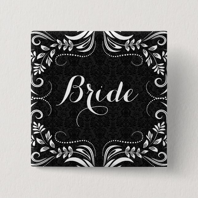 White Floral Swirls Frame Bride Button (Front)