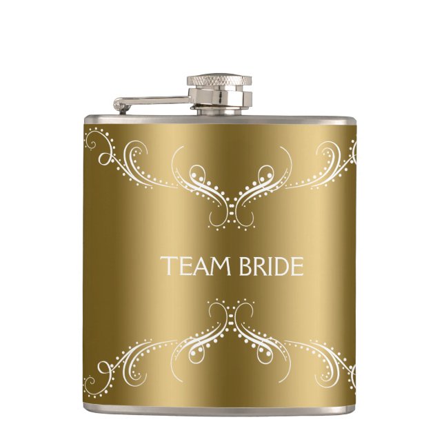 White Floral Swirls Frame Over Gold Hip Flask (Front)