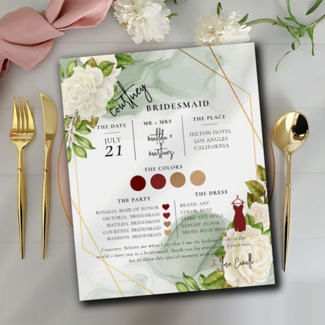 White Floral Text Script Bridesmaid info Card (Creator Uploaded)