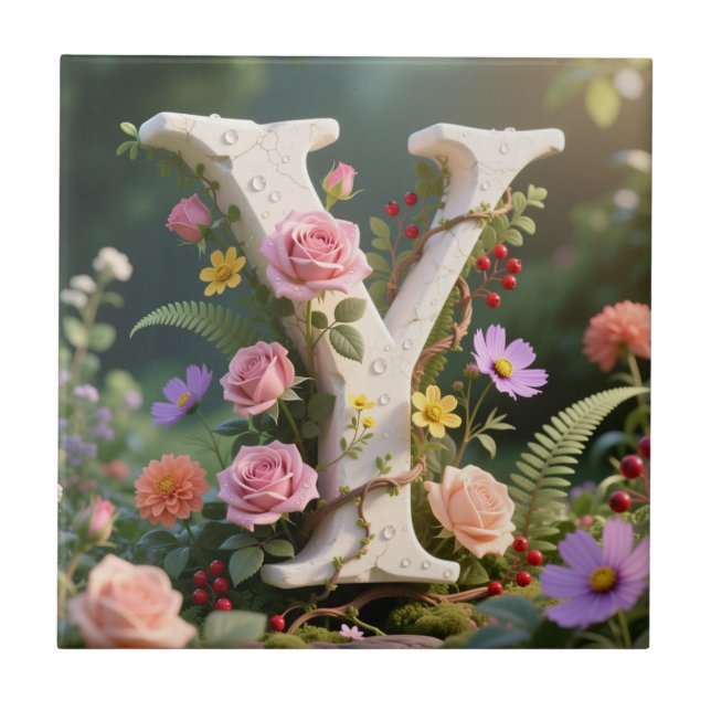 White Floral Textured Monogram Letter Y Tile (Front)