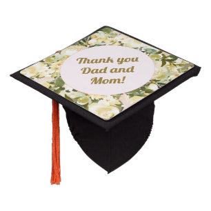 White Floral Thank You Dad Mom Graduation Cap Topper